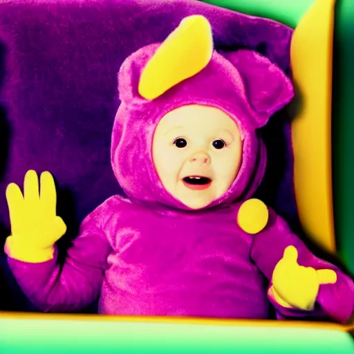 Prompt: Fetus Teletubbie in womb watching TV
