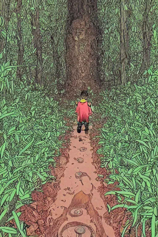 Prompt: young boy entering a huge mysterious and ominious forest, path, mushrooms, very graphic illustration by jean giraud, drawing, yoshitaka amano vibe, clean line, colorful comics style
