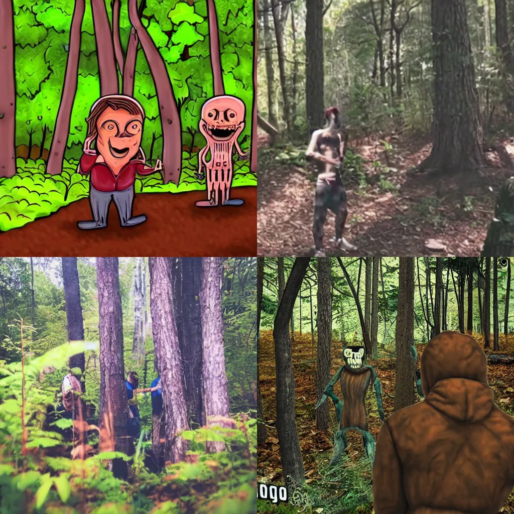 Prompt: vendigo stalking people in the woods, very detailed, scary images