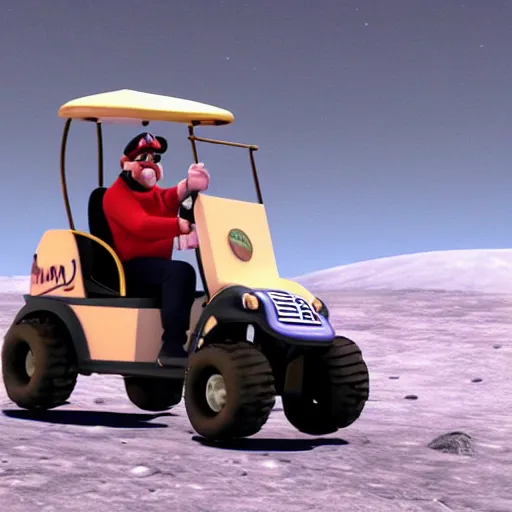 Image similar to wide angle photograph of wario driving a golf cart on the moon, realistic, 4 k, cinematic lighting,