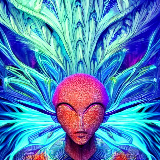 Image similar to Face of a Alien Deity, corals, plume made of fractals, extremly detailed digital painting, in the style of android jones, artwork of a futuristic artificial intelligence superstar, mystical colors, rim light, beautiful lighting, 8k, stunning scene, raytracing, octane, under water visual distortion, trending on artstation