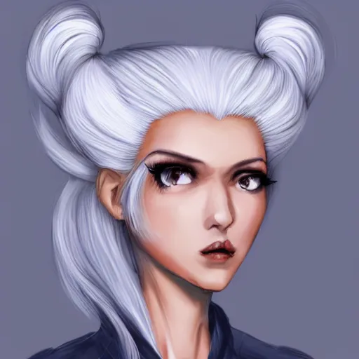 Image similar to a girl with white hair in a hairbun, by qinniart