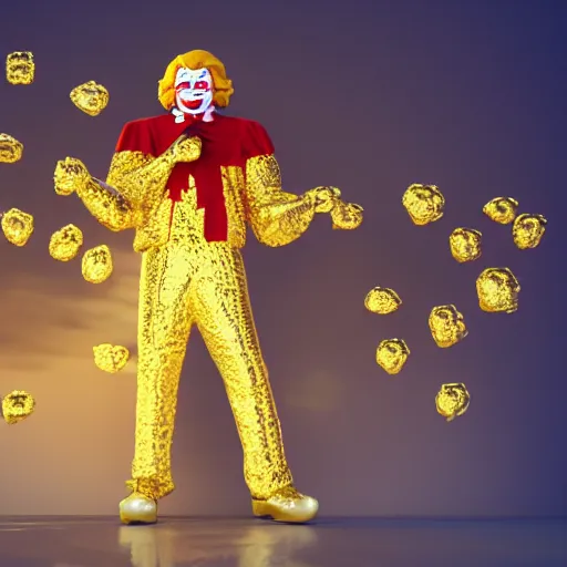 Image similar to A still of Ronald McDonald surrounded by gold and diamonds, Award-winning, photograph, 3d render, unreal engine, 4k detailed