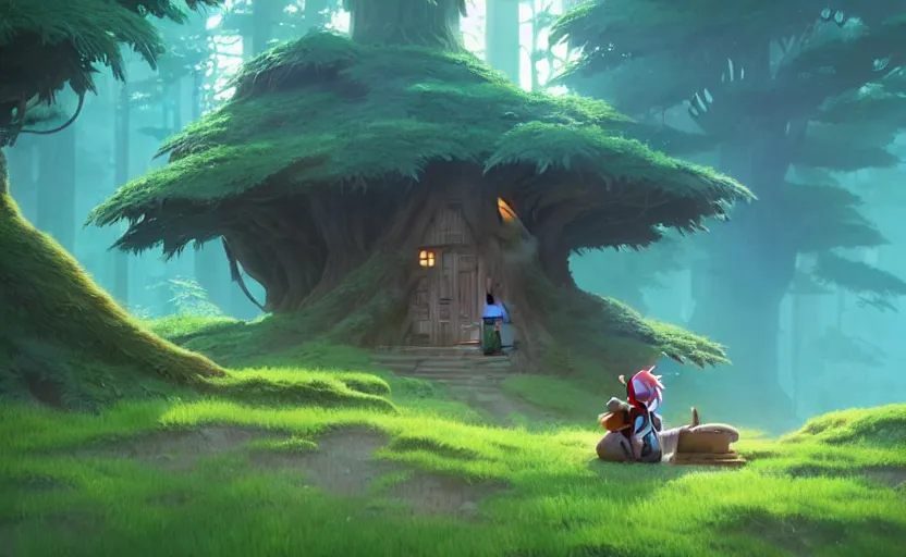 Image similar to a bounty hunter and her cat companion their woodland home in a fantasy studio ghibli animated film, d & d, fantasy concept art, global illumination, beautiful composition, volumetric lighting, octane render by studio ghibli and christopher balaskas, highly detailed