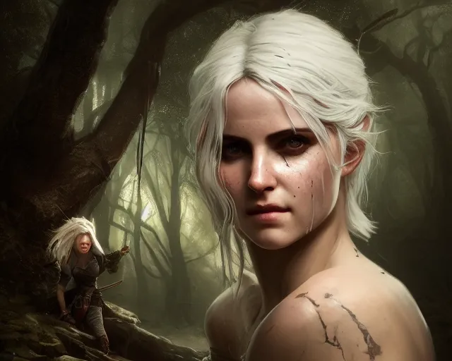 Image similar to 5 5 mm portrait photo of a real life tough looking ciri with a long face scar across her left cheek, in a magical forest. dark atmosphere. art by greg rutkowski. highly detailed 8 k. intricate. lifelike. soft light. nikon d 8 5 0.