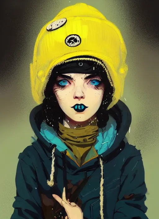 Image similar to highly detailed portrait of a sewerpunk student lady, blue eyes, hoody, beanie hat, black curly hair by atey ghailan, by joe fenton, by greg rutkowski, by greg tocchini, by kaethe butcher, gradient yellow, black, brown and cyan color scheme, grunge aesthetic!!! ( ( dystopian graffiti tag wall background ) )