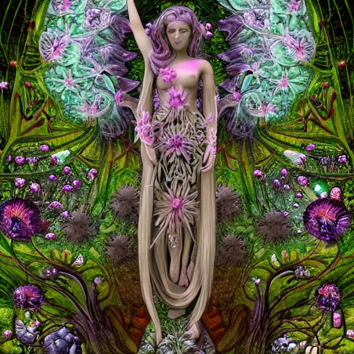 Image similar to an idealistic marble statue, fully clothed, with fractal flowery hair in a fractal garden, glowing delicate flower and mushrooms that grow in a dark fatansy forest on the planet pandora,, symmetrical,