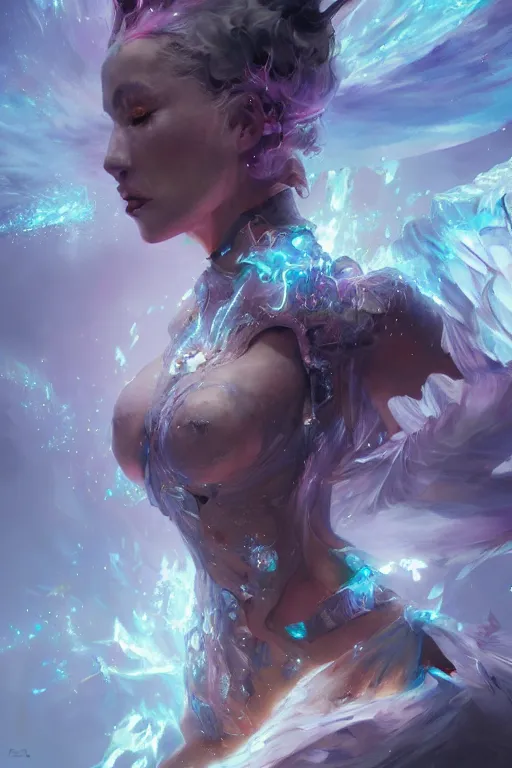 Image similar to torso closeup model wearing exploding ice electricity dress, sorcerer, diamonds, angel, fantasy, dramatic lighting, highly detailed, digital painting, holding electricity, magic the gathering, hyper detailed, 3 d render, hyper realistic detailed portrait, peter mohrbacher, wlop, ruan jia