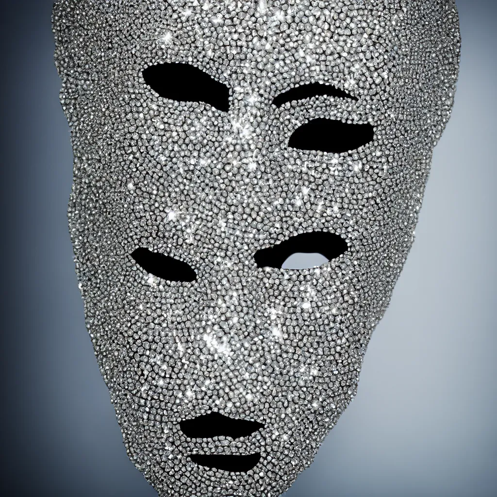 Image similar to an album cover photo portrait of a man with a diamonds mask on his head, behance contest winner, award winning, masterpiece, pop surrealism, made of diamonds, surrealist, 80mm close up (CU) f/1.8-3