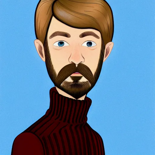 Image similar to A british man, with short blond hair and a very short blond beard wearing a corduroy jacket and turtleneck , blue eyes, pale skin, English heritage, digital art, cartoon, mid-shot, 8k