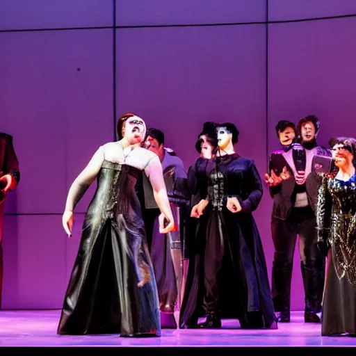 Image similar to an opera performance but the cast is wearing cyberpunk inspired clothes