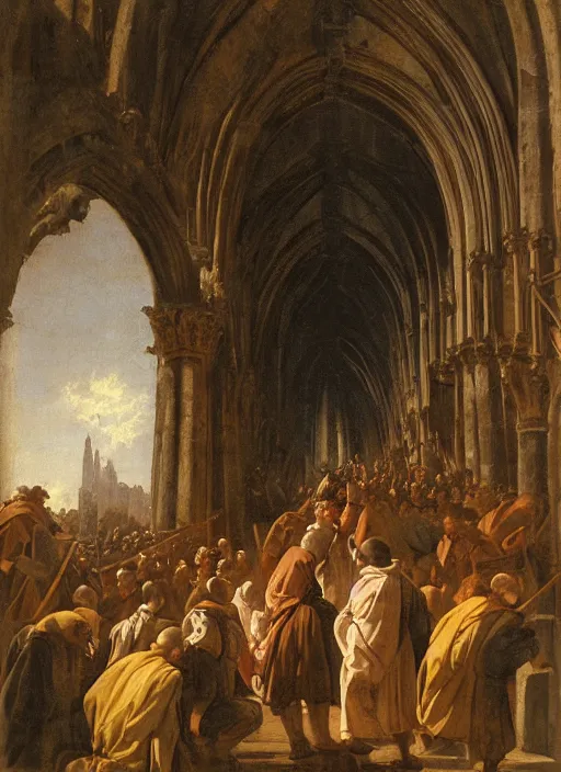 Image similar to elisabeth louise vigee - le brun painting of large crowd of medieval monks gathered at giant gothic ruins cathedral and raising a magical glowing spirit, old master painting with stunning lighting and details photoreal dusk sun lit light,