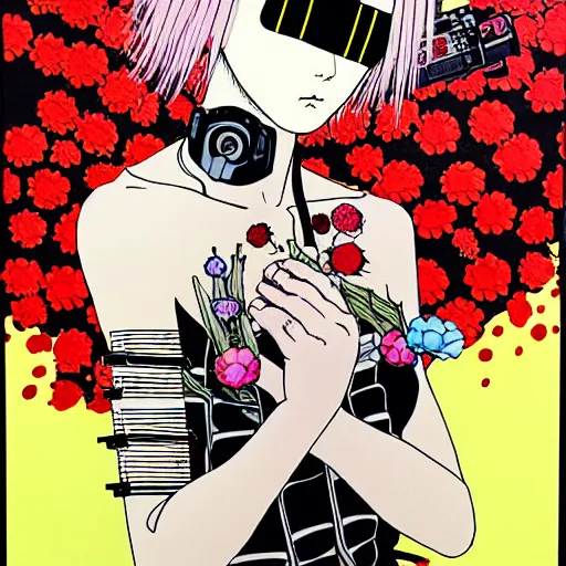 Image similar to prompt: Fragile portrait of singular persona covered with flowers and bullets illustrated by Katsuhiro Otomo, inspired by Ghost in Shell and 1990 anime, smaller cable and cyborg parts as attributes, eyepatches, illustrative style, intricate ink and guache painting detail, manga and anime 1990