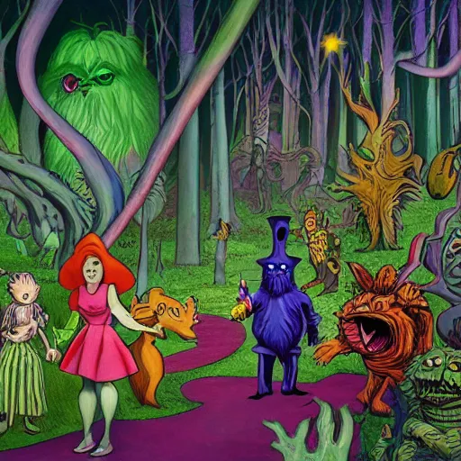 a scene of colorful cartoon monsters in the clearing | Stable Diffusion ...