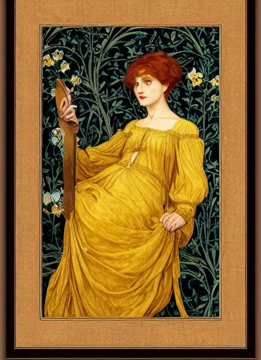 Prompt: preraphaelite full body reclining portrait photography masterpiece, perfectly poised, brown hair fringe, yellow ochre ornate medieval dress, william morris and kilian eng, framed, 4 k