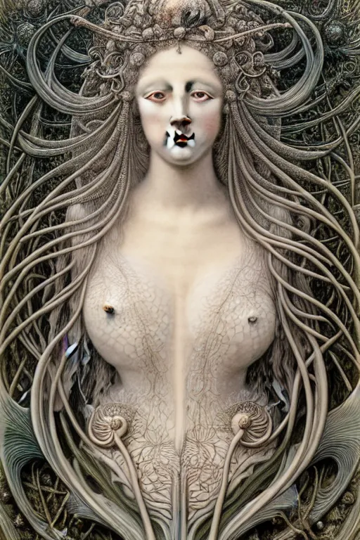 Prompt: detailed realistic beautiful porcelain nature goddess portrait by jean delville, gustave dore, iris van herpen and marco mazzoni, art forms of nature by ernst haeckel, art nouveau, symbolist, visionary, gothic, neo - gothic, pre - raphaelite, fractal lace, intricate alien botanical biodiversity, surreality, hyperdetailed ultrasharp octane render