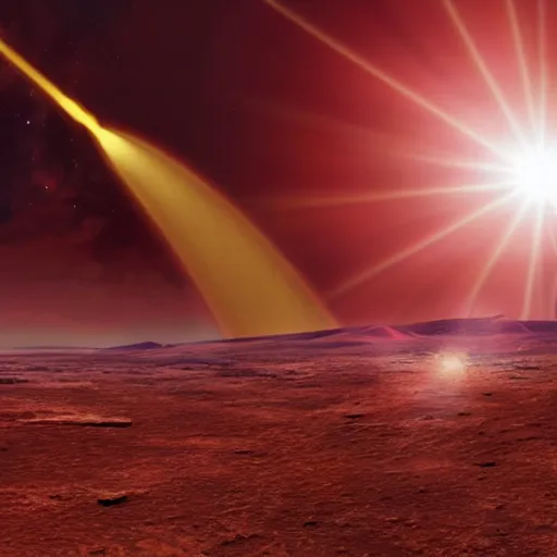 Prompt: starship crashes upon the red planet, sun bursts
