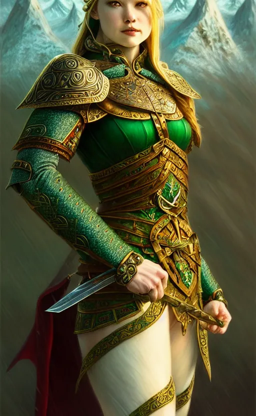 Image similar to emerald viking warrior, regal, elegant, winter, snow, beautiful, stunning, hd, illustration, epic, d & d, fantasy, intricate, elegant, highly detailed, wide angle, digital painting, artstation, concept art, smooth, sharp focus, illustration, wallpaper, art by artgerm and greg rutkowski and alphonse mucha and jin xiaodi