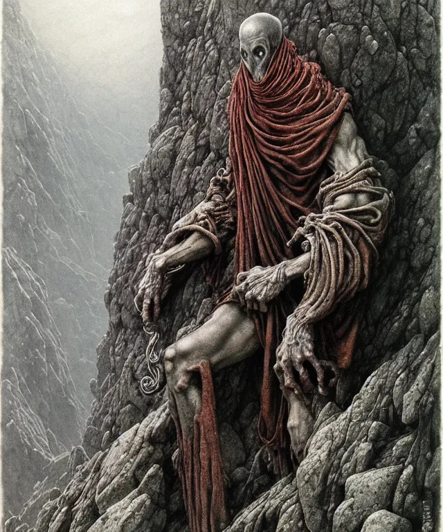 Image similar to A detailed gray-eyed tentacleheaded human stands among the mountains with a pebble in hands. Wearing a ripped mantle, robe. Extremely high details, realistic, fantasy art, solo, masterpiece, art by Zdzisław Beksiński, Arthur Rackham, Dariusz Zawadzki