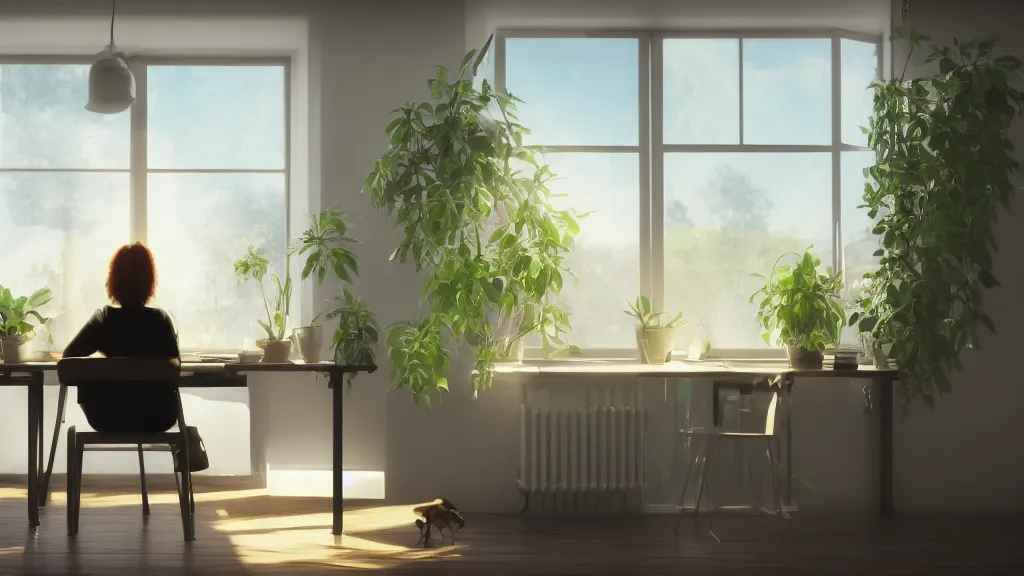 Image similar to peaceful dreamy painting of a sitting at a desk with a black cat, sunshine coming through the window, small plants on the window sill, 8k, hyper realism, trending on artstation, octane render