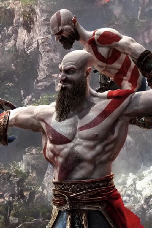 Image similar to TV news interviewing Kratos from god of war