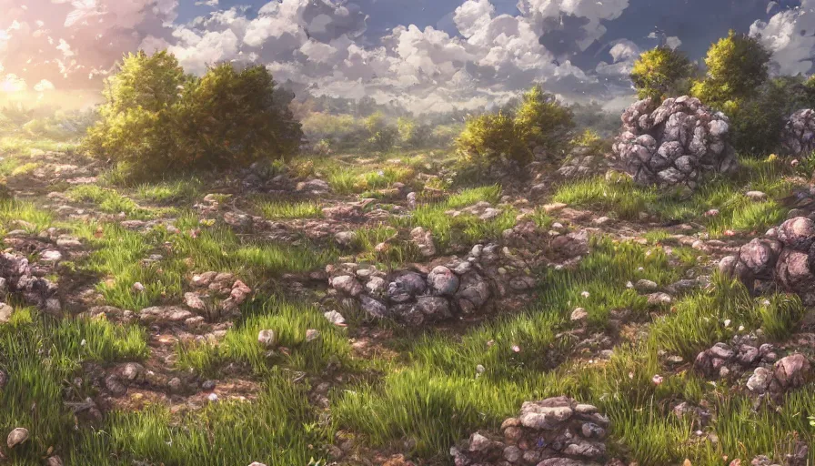 Image similar to the beautiful, dreamy, wistful view of a field after war filled with death and rocks. hyperrealistic anime background illustration, colorful, extremely detailed intricate linework, smooth, super sharp focus, bright colors, high contrast, matte, octopath traveler, unreal engine 5 highly rendered, global illumination, radiant light