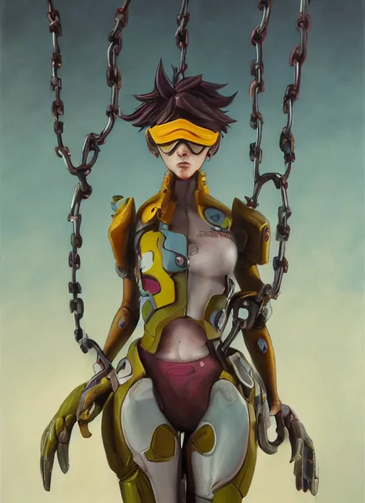 Prompt: full figure, painting of tracer from overwatch, in style of zdzisław beksinski, horror, 4 k, feminine facial features, armor, armor, detailed face, tall, ropes and chains in background