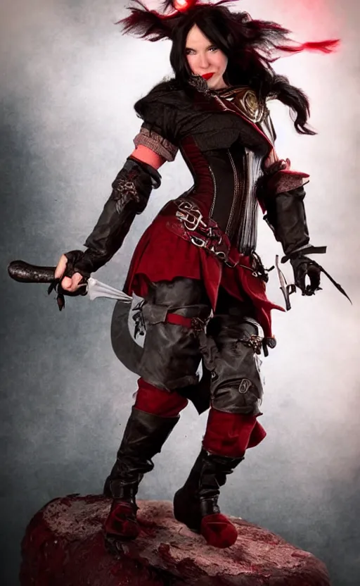 Image similar to epic fantasy d & d female halfling rogue riding on top of mr wobbles, black hair, red leather corset, cinematic, beautiful lighting, heroic