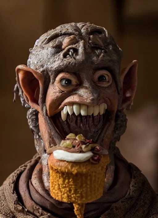 Image similar to closeup profile face portrait of a medieval goblin eating cakes in the cloisters, depth of field, zeiss lens, detailed, symmetrical, centered, fashion photoshoot, by annie leibovitz and steve mccurry, david lazar, jimmy nelsson, breathtaking, 8 k resolution, extremely detailed, beautiful, establishing shot, artistic, hyperrealistic, beautiful face, octane render