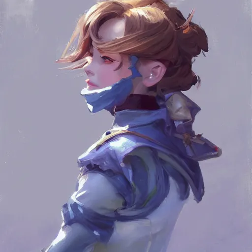 Image similar to greg manchess portrait painting of violet evergarden as overwatch character, totally whack, medium shot, asymmetrical, profile picture, organic painting, sunny day, matte painting, bold shapes, hard edges, street art, trending on artstation, by huang guangjian and gil elvgren and sachin teng