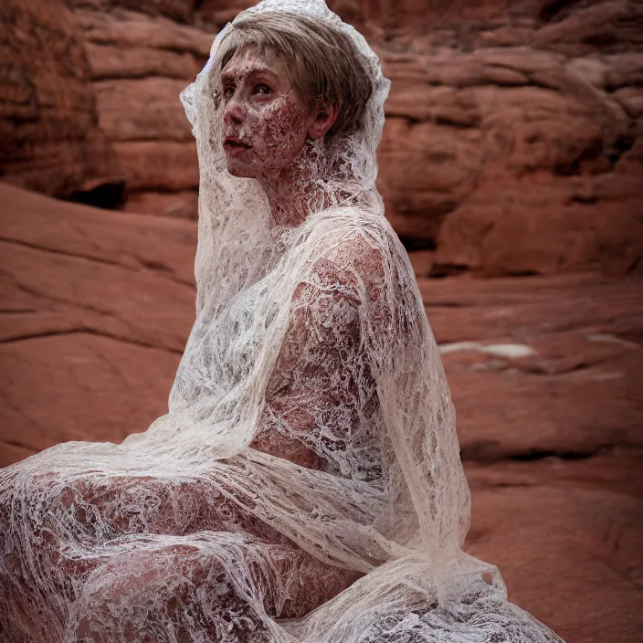 Prompt: a color photograph, closeup portrait of a woman wrapped in lace, sitting in a plastic throne, in arches mountains national park in utah, color photograph, by vincent desiderio, canon eos c 3 0 0, ƒ 1. 8, 3 5 mm, 8 k, medium - format print