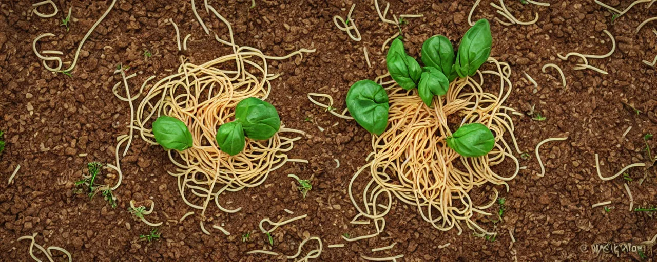 Prompt: baby spaghetti sprouting from the earth, kodachrome, in the style of wes anderson, retro