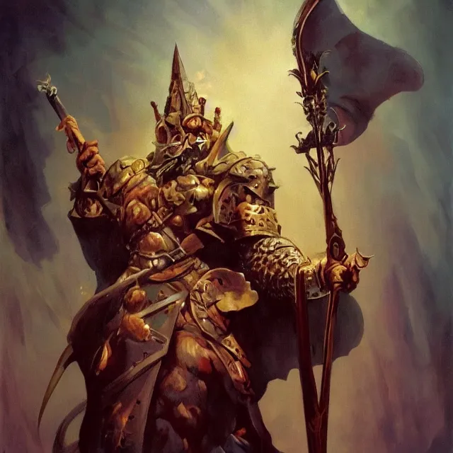 Image similar to an aesthetic! a detailed portrait of a man with a crown, holding a scepter by frank frazetta oil on canvas, dungeons and dragons art, hd, god - rays, ray - tracing, crisp contour - lines, huhd