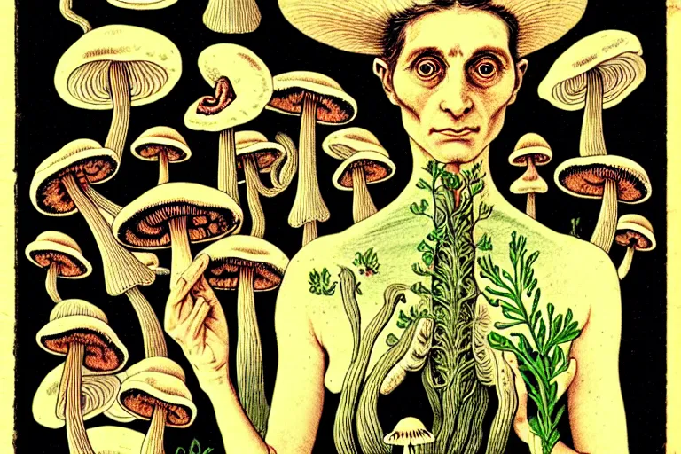 Image similar to a page from an old botany book of a woman with mushrooms sprouting all over her skin who looks distressed. in the style of franz kafka the metamorphosis. trending on artstation.