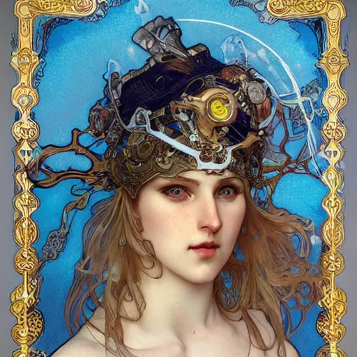 Prompt: realistic detailed face portrait of female ice hockey player with high tech helmet and blonde hair by Alphonse Mucha, Ayami Kojima, Amano, Charlie Bowater, Karol Bak, Greg Hildebrandt, Jean Delville, and Mark Brooks, Art Nouveau, Neo-Gothic, gothic, rich deep moody colors