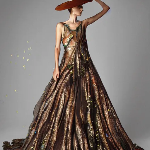 Image similar to exclusive evening dress made of bronze transparent fabric fantasy with colored flower petals made of fabric. intricate asymmetrical patterns. an elegant hat. hyperrealistic photos, clear details.