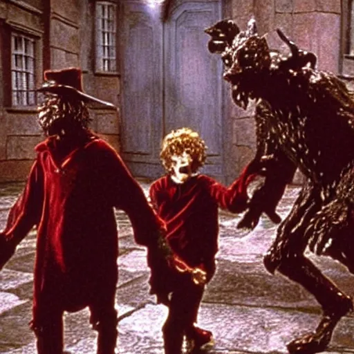 Prompt: film still of Freddy Krueger as Cerberus in Harry Potter the Sorcerer's Stone