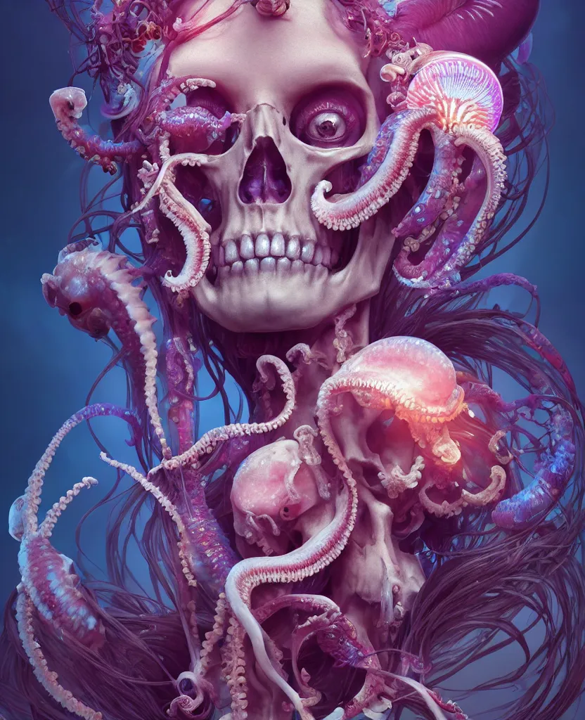 Image similar to goddess close - up portrait human skeleton, ram skull, squid phoenix jellyfish, orchid, betta fish, bioluminiscent, intricate artwork by tooth wu and wlop and beeple. octane render, trending on artstation, greg rutkowski very coherent symmetrical artwork. cinematic, hyper realism, high detail, octane render, 8 k