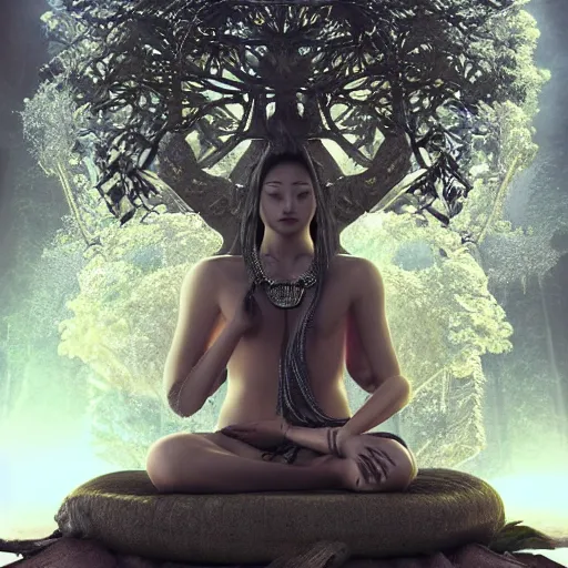 Prompt: a warrior behind a dj booth with a bodhi tree, necklace of fingers : 6 character design : 2 midnight, illusion, stunning, breathtaking, majestic, asian fantasy, digital render, line art, unreal engine, de - noise, 8 k, volumetric lighting, symmetrical, pronounced features, detailed contrast, scattered mist, glow 3 d alejandro alvarez alena aenami