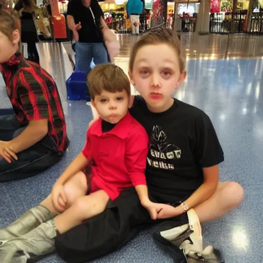 Prompt: kids are sitting on satan ’ s lap at the mall due to a spelling error, photograph