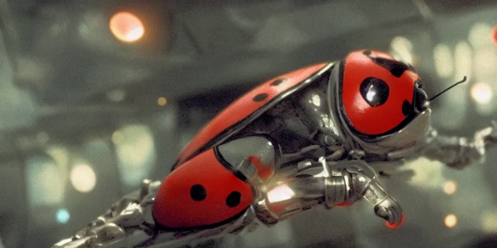 Image similar to a 3 d rendered movie still a ladybug descendant 1 million into the future. the ladybug is sentient, wears a spacesuit, and travels the stars in a super awesome space ship. science fiction blockbuster movie ladybugs rule the world, imax 7 0 mm. bladerunner, silent running