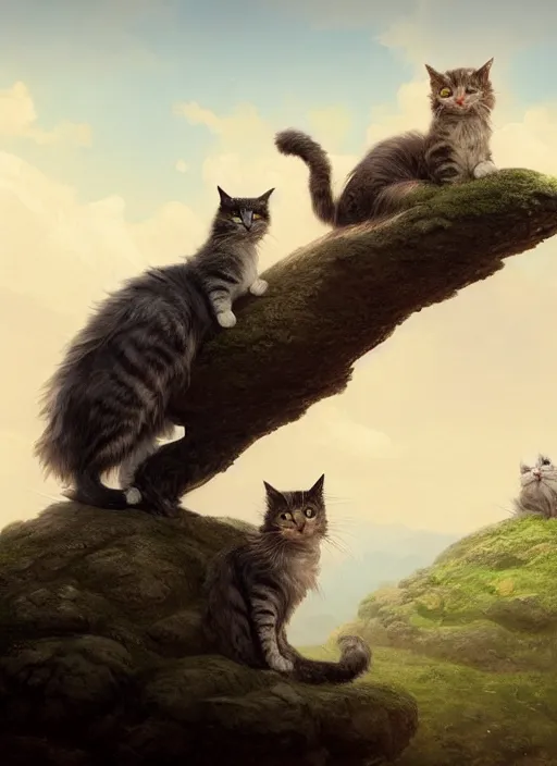 Image similar to Portrait of two scruffy haired cats on a tall mountain sitting on a turtle, realistic, detailed, 4k by Greg Rutkowski Mark Arian trending on artstation