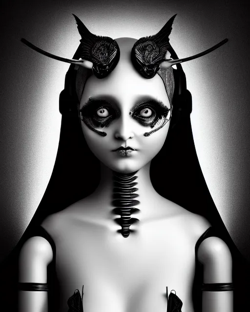 Image similar to surreal mythical dreamy dark artistic black and white fine art 3 / 4 fashion portrait photo of a young beautiful delicate female robot - witch - owl with orchid - doll face, rim light, cinematic, studio dramatic light, poetic, masterpiece, octane render, 8 k, photo - realistic by gustave dore hg giger