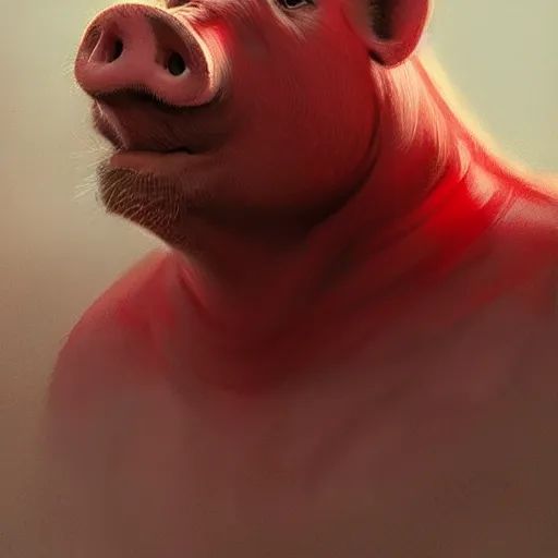 Image similar to portrait of a half man half pig with red shirt ,digital art,photorealistoc,art by greg rutkowski,hyperdetailed,western comic style,comic,comic style,sharp lineart,professional lighting,deviantart,artstation,trevor henderson,rossdtaws,cinematic,dramatic