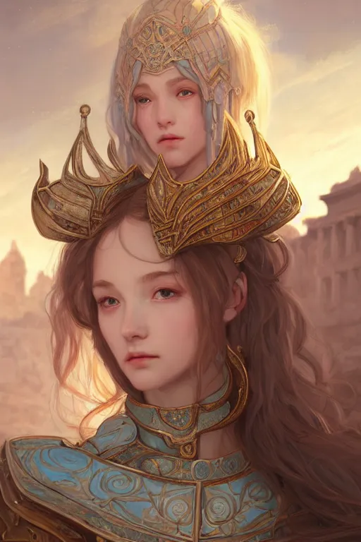 Prompt: portrait young knights of Zodiac girl, rose golden and ice blue armor, in ruined Agora of Athens Sunrise, ssci-fi and fantasy, intricate and very beautiful and elegant, highly detailed, digital painting, artstation, concept art, smooth and sharp focus, illustration, art by tian zi and WLOP and alphonse mucha