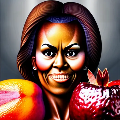 Image similar to fruit character that looks just like michelle obama as a pomegranate, 8 k, fruit eyes, fruit world, beautiful matte painting, by johfra bosschart, hyper realistic, studio lighting, octane render