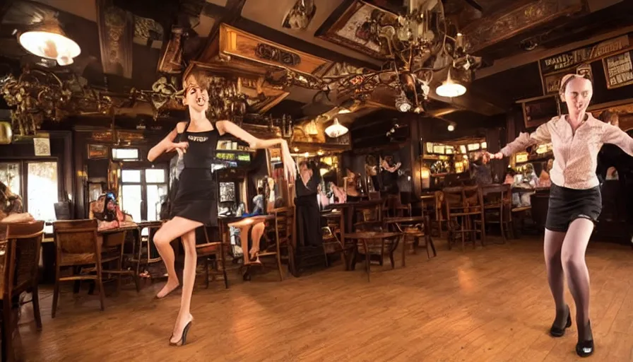 Prompt: a slender woman dinking and dancing in a pub