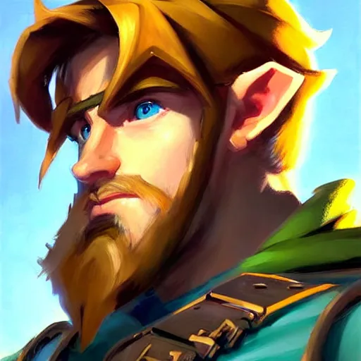 Image similar to Greg Manchess portrait painting of Link from Legend of Zelda as Overwatch character, medium shot, asymmetrical, profile picture, Organic Painting, sunny day, Matte Painting, bold shapes, hard edges, street art, trending on artstation, by Huang Guangjian and Gil Elvgren and Sachin Teng