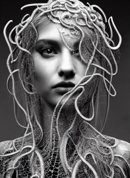 Image similar to surreal mythical dreamy dark artistic black and white fine art photo of a beautiful young female medusa - cyborg covered with lace fish scales and translucent algae, highly detailed, intricate crystal ivy jelly fish scales ornate, lace web, poetic, octane render, 8 k, photo - realistic