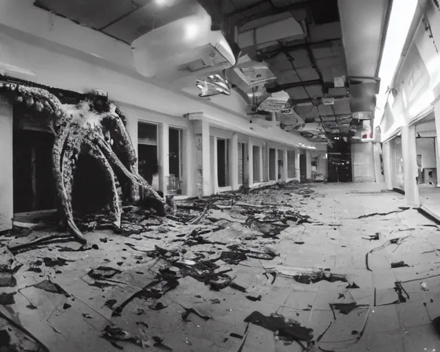 Prompt: camera footage of a extremely aggressive Giant mutated Octopus with glowing white eyes, Human Features, Teeth, in an abandoned shopping mall, Psychic Mind flayer, Terrifying, Silhouette :7 , high exposure, dark, monochrome, camera, grainy, CCTV, security camera footage, timestamp, zoomed in, Feral, fish-eye lens, Fast, Radiation Mutated, Nightmare Fuel, Wolf, Ancient Evil, Bite, Motion Blur, horrifying, lunging at camera :4 bloody dead body, blood on floors, windows and walls :5